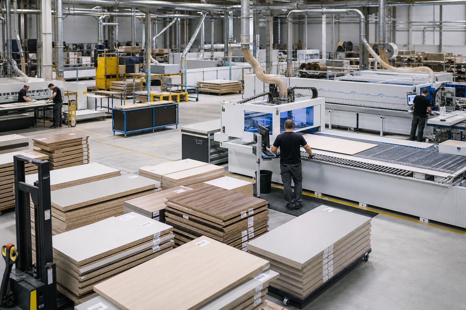 Organized digital furniture factory floor with panel processing machines