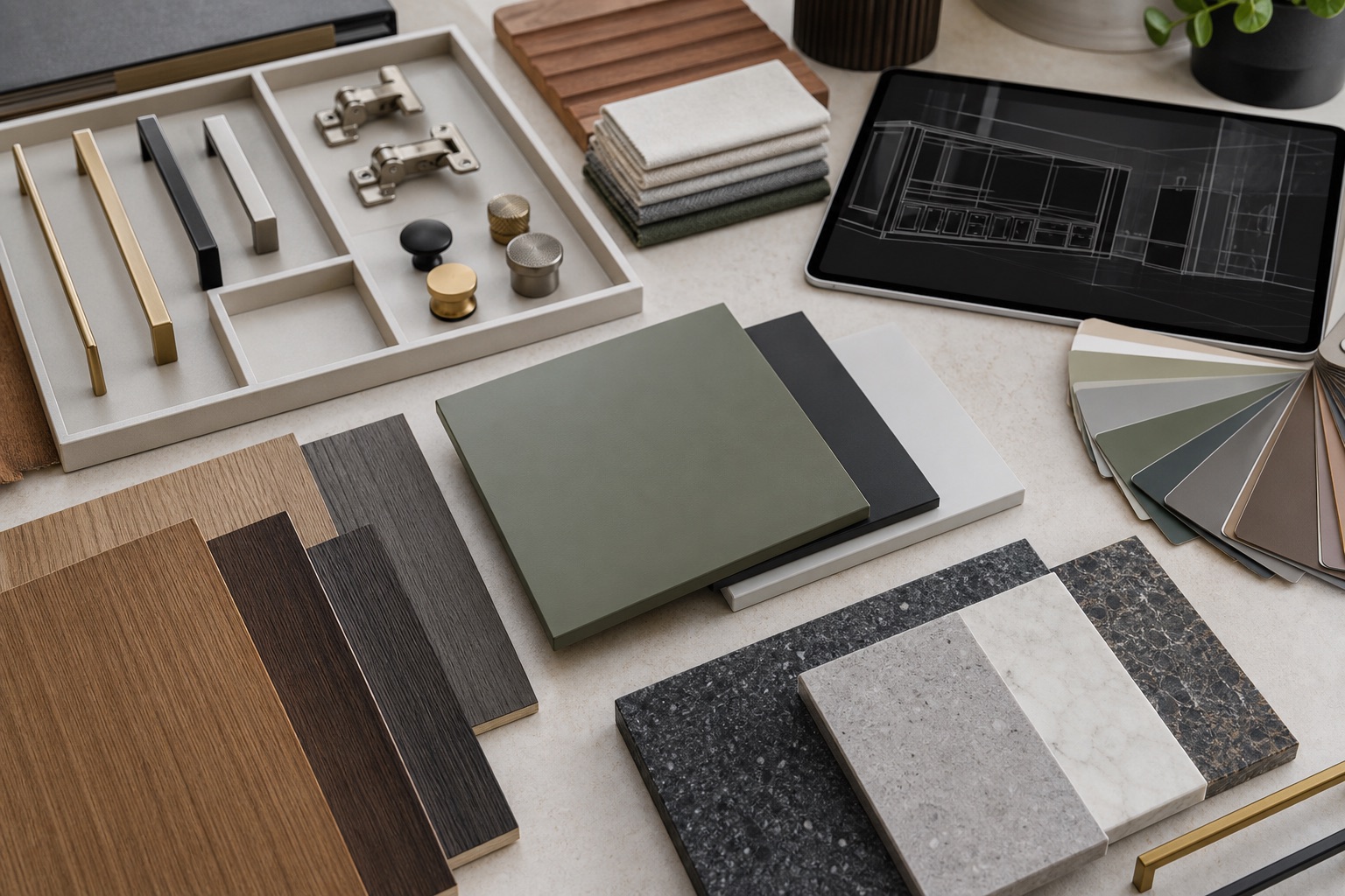 Premium material samples, handles, hardware, and a tablet with CAD drawings