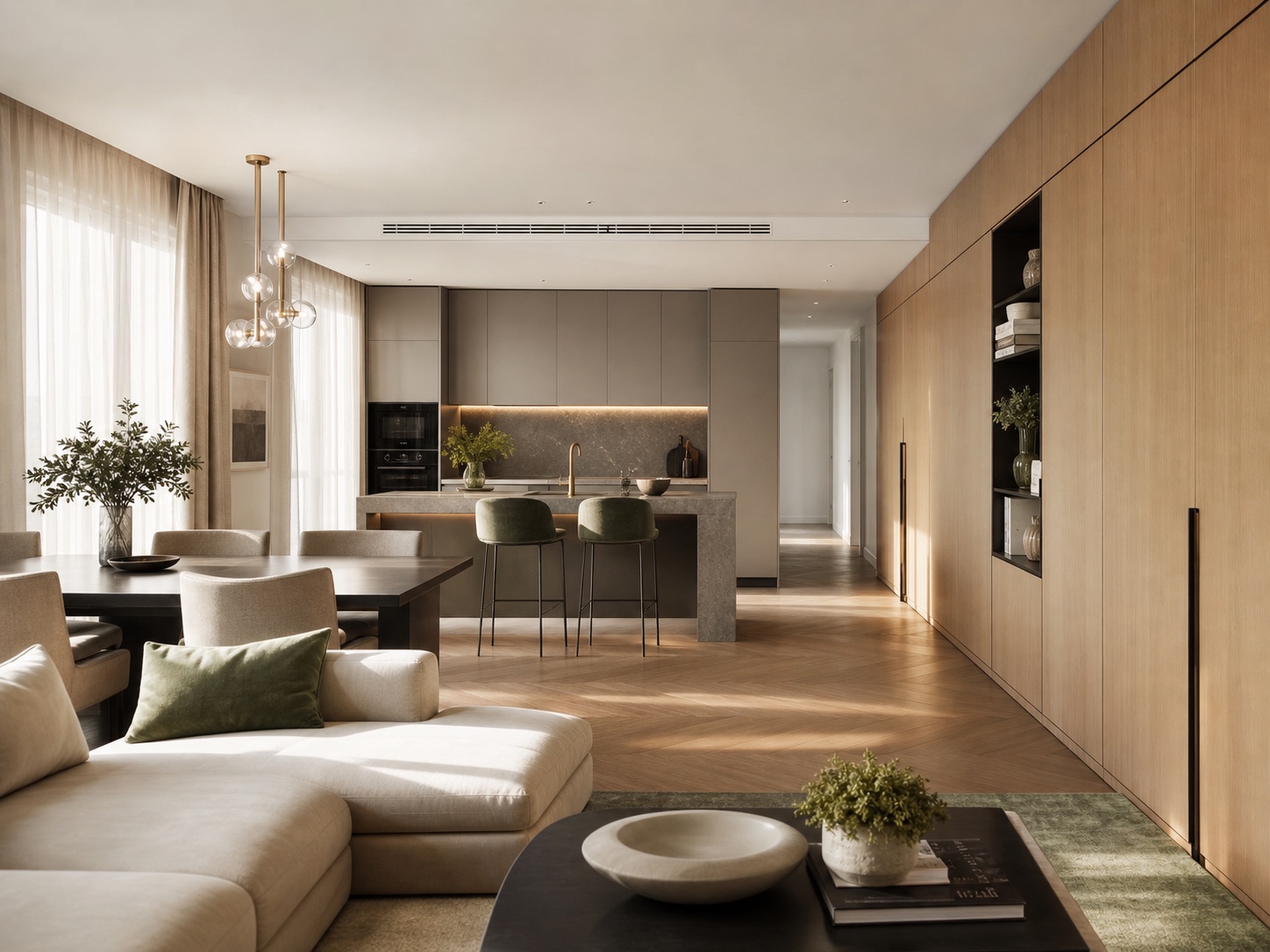 Warm whole-home custom interior with integrated kitchen, dining area, and full-height walnut storage
